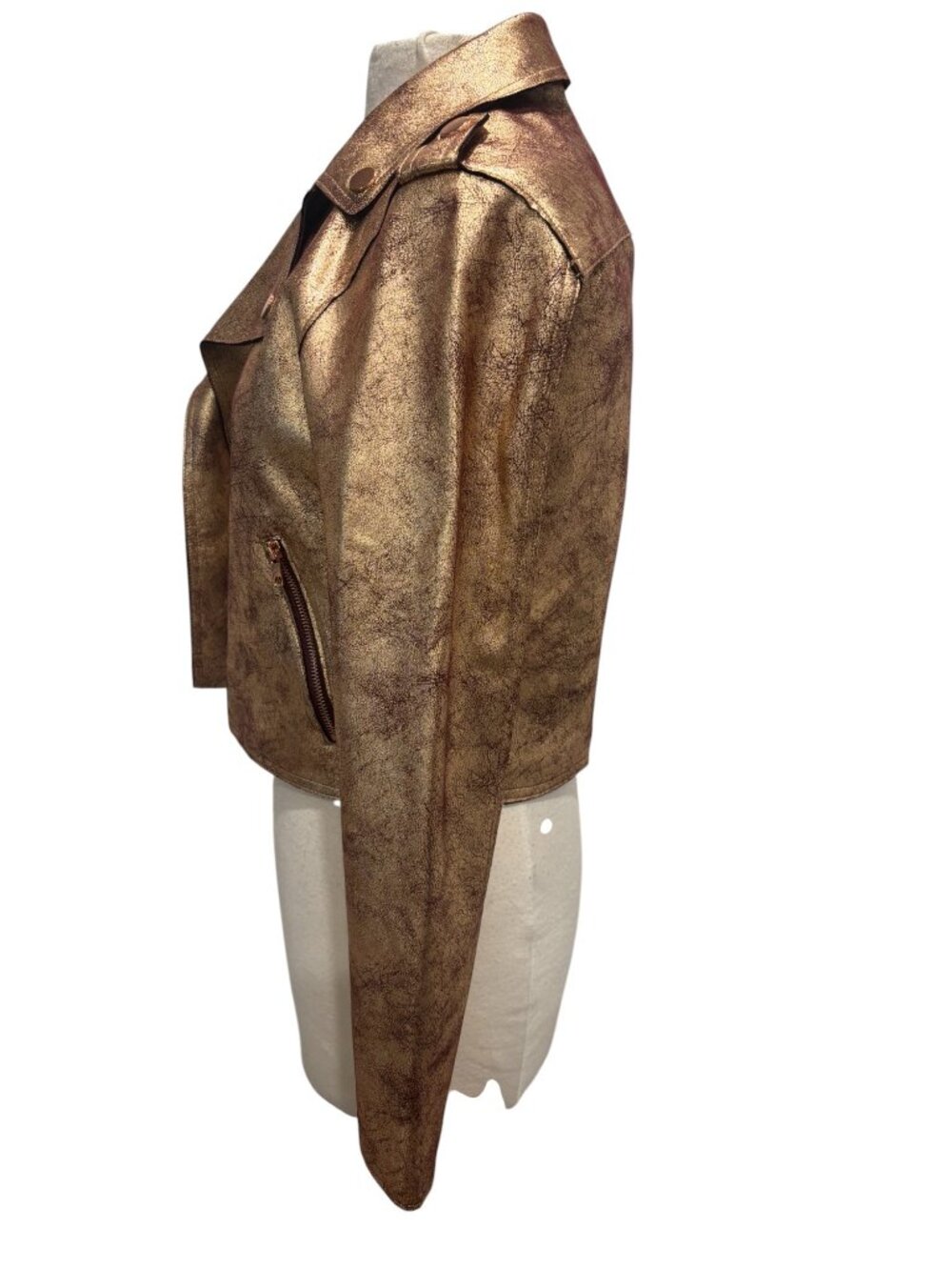 Anthropologie Gold Metallic Moto Jacket Women’s Small Cropped Faux Leather Biker - Picture 3 of 8